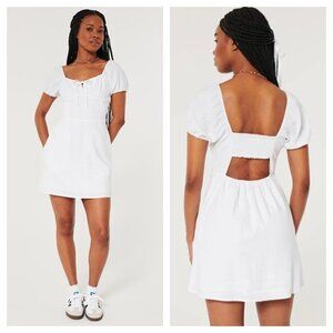Hollister Sofia Side Smocked Linen Blend Mini Dress Puff Sleeve in White M